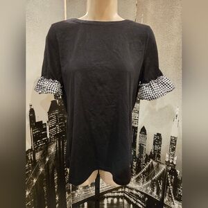 Talbots black short sleeve tee - ruffle houndstooth accent & bow - Large Petite